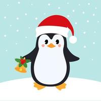 pingouin au chapeau de noël rouge du père noël. fond d'hiver. illustration vectorielle. vecteur