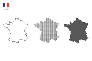 3 versions du vecteur de ville de carte de France par un style de simplicité de contour noir fin, un style de point noir et un style d'ombre sombre. le tout sur fond blanc.