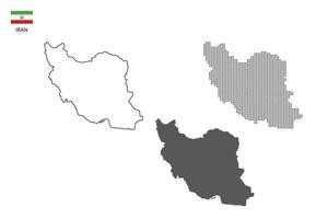 3 versions du vecteur de la ville de la carte de l'iran par un style de simplicité de contour noir fin, un style de point noir et un style d'ombre sombre. le tout sur fond blanc.