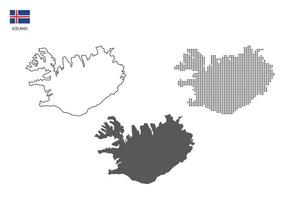 3 versions du vecteur de ville de carte d'islande par un style de simplicité de contour noir fin, un style de point noir et un style d'ombre sombre. le tout sur fond blanc.