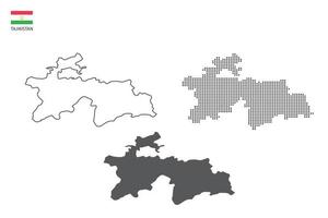 3 versions du vecteur de la ville de carte du tadjikistan par un style de simplicité de contour noir fin, un style de point noir et un style d'ombre sombre. le tout sur fond blanc.