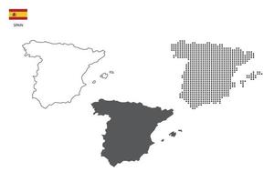 3 versions du vecteur de ville de carte d'Espagne par un style de simplicité de contour noir fin, un style de point noir et un style d'ombre sombre. le tout sur fond blanc.
