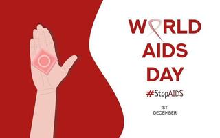bannière pour la journée de la lutte contre le sida, stop sida. une main tient un préservatif, une image sur fond rouge. ruban rouge sur fond blanc. vecteur
