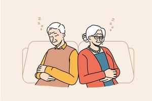un vieil homme et une femme fatigués s'assoient pour se détendre sur des chaises en faisant la sieste ou en rêvassant. les grands-parents matures épuisés se reposent dans des fauteuils en train de dormir et de voir des rêves. maturité et détente. illustration vectorielle. vecteur