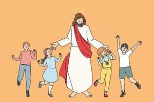 petits enfants souriants dansant autour de jésus-christ se sentant joyeux et excités. jésus partage l'amour et les soins communique avec les petits enfants. foi et religion. illustration vectorielle plane.