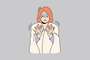 une femme malheureuse se sent anxieuse regarde les mains rouges souffrent de maladie ou de maladie. une femme bouleversée avec une couverture sur les épaules a des engelures aux doigts qui luttent contre le froid. illustration vectorielle. vecteur