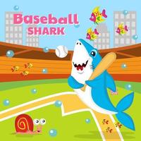 requin mignon jouant au baseball, image vectorielle, modifiable, idéal pour les bandes dessinées, les illustrations, les livres à colorier, les autocollants, les affiches, les sites Web, l'impression, les t-shirts, etc. vecteur