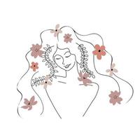 logo minimaliste de dessin au trait femme. nature organique. tête de fleur ligne d'illustration féminine dessin. cosmétiques maquillage. portrait style minimaliste. impression botanique. symbole de la nature des cosmétiques. vecteur