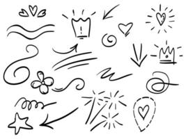 éléments de doodle pour la conception de concept. isolé sur fond blanc. éléments infographiques. coup de pinceau, bruissements bouclés, swoops, tourbillon, flèche, coeur, couronne, étoile. illustration vectorielle. vecteur