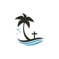 création de logo d'église de plage. création de logo vectoriel église chrétienne croix plage.