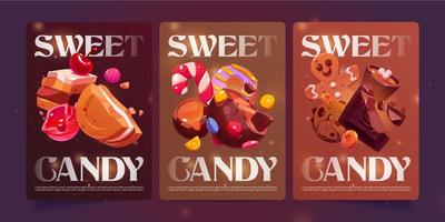 affiches de dessin animé de bonbons sucrés avec des desserts de boulangerie vecteur