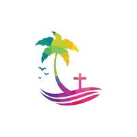 création de logo d'église de plage. création de logo vectoriel église chrétienne croix plage.