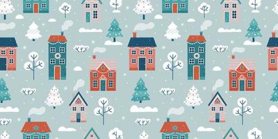 modèle sans couture avec paysage d'hiver et maisons. arrière-plan transparent pour les vacances de Noël et d'hiver. illustration vectorielle vecteur