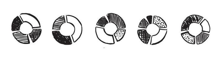 diagrammes d'icônes de tarte, ensemble dessinés à la main. vecteur