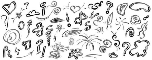 doodle swish dans le style de croquis. dessin au trait simple. ensemble de gribouillis dessinés à la main. doodle graffiti dessiné à la main avec questoins, flèche, coeur et gribouillis vecteur