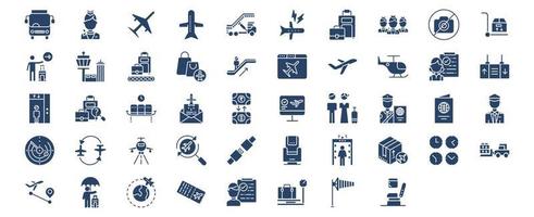 collection d'icônes liées aux voyages en avion et à l'aéroport, y compris des icônes comme l'hôtesse de l'air, l'avion, les bagages, le duty free, le passager et plus encore. illustrations vectorielles, ensemble parfait de pixels vecteur