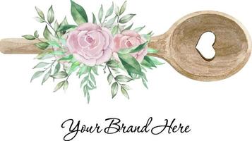 cuillère en bois de logo de boulangerie aquarelle avec fleurs et verdure. illustration pour boulangerie maison vecteur