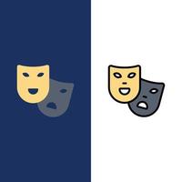 masques rôles théâtre madrigal icônes plat et ligne remplie icône ensemble vecteur fond bleu