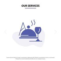 nos services hôtel plat nourriture verre solide glyphe icône modèle de carte web vecteur