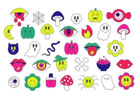 emoji surréaliste d'halloween psychédélique dans un style rétro. visage anthropomorphe avec sourire. illusion, signe fou créatif, fleur de puissance. éléments de conception hippie. illustration vectorielle vecteur