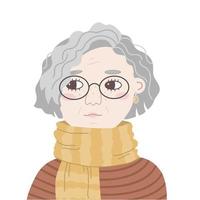 portrait d'une femme européenne décontractée avec une coiffure grise bouclée. illustration vectorielle plate d'une vieille dame à lunettes regardant de côté. personnes âgées en écharpe rayée. avatar de dessin animé dessiné pour le réseau social. vecteur