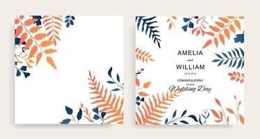 invitation florale de mariage sertie de feuilles bleues et orange vecteur