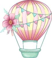 ballon à air chaud rose décorer avec une fleur, illustration de dessin animé dessiné à la main vecteur