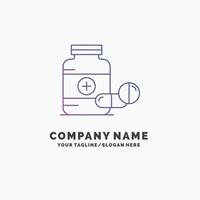 Médicament. pilule. capsule. drogues. modèle de logo d'entreprise violet tablette. place pour le slogan vecteur