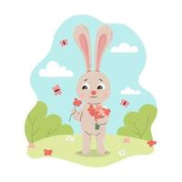 lapin de dessin animé recueille un bouquet de fleurs sur une herbe dans un style plat vecteur