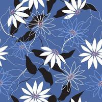 motif floral blanc et noir sur bleu vecteur