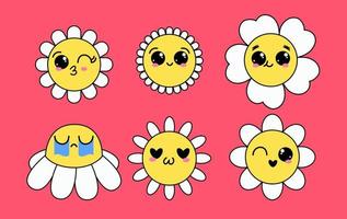 fleurs de marguerite avec des visages souriants drôles de dessin animé, des personnages de camomille. jolie émotion heureuse de camomille. création de logo pour enfants avec jeu de vecteurs de marguerites. illustration de fleur florale de sourire, camomille fleurie vecteur