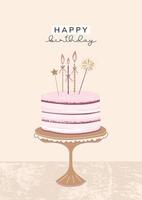 une carte d'anniversaire avec un gâteau et des bougies dans un style rétro avec des paillettes. modèle de vecteur