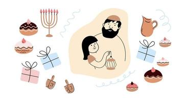 ensemble de gribouillis vectoriels de hanukkah, éléments de cartes de voeux heureux d'israël hanukkah. décor de fête religieuse. vecteur