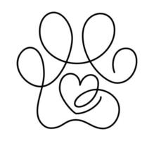 coeur avec patte de chat ou de chien en dessin continu d'une ligne. dessin au trait minimal. empreinte animale dans le coeur. concept d'amour pour animaux de compagnie vecteur