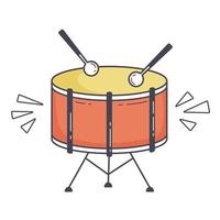 tambour rouge et baguettes de tambour en bois. instrument de musique. illustration de vecteur plat isolé sur fond blanc.