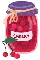 confiture de cerises dans un bocal avec l'inscription. illustration vectorielle dessinés à la main. adapté au site Web, aux autocollants, aux cartes-cadeaux. vecteur