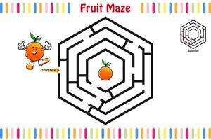 puzzle de labyrinthe, labyrinthe éducatif pour enfants avec fruits, labyrinthe pour enfants, illustration vectorielle isolée, style de dessin animé de mascotte, personnages de fruits vecteur