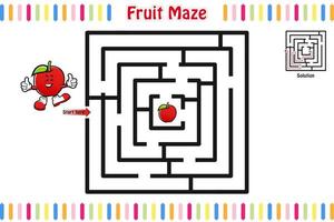 puzzle de labyrinthe, labyrinthe éducatif pour enfants avec fruits, labyrinthe pour enfants, illustration vectorielle isolée, style de dessin animé de mascotte, personnages de fruits vecteur