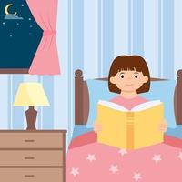jolie fille assise dans son lit et lisant une histoire au coucher. lecture nocturne. illustration de livre pour enfants. vecteur