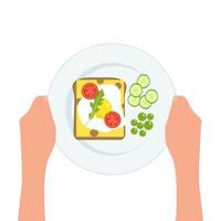 mains tenant une assiette avec des œufs, un sandwich, des tomates, des concombres, de la roquette sur une assiette pour le petit déjeuner ou le déjeuner. nourriture saine. illustration vectorielle isolée sur fond blanc vecteur