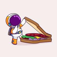 l'astronaute affamé prend un gros sandwich et est confus quant à la garniture qu'il contient vecteur