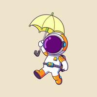 l'astronaute heureux danse et tient le parapluie sous la grande pluie vecteur