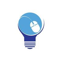 conception de logo de souris d'ordinateur et de lampe à ampoule. création de logo d'idée en ligne. modèle de conception de logo d'inspiration en ligne. vecteur