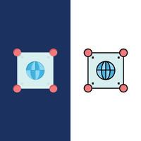 globe global monde science icônes plat et ligne remplie icône ensemble vecteur fond bleu
