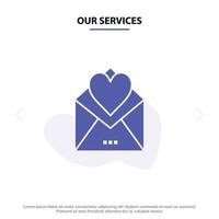 nos services lettre carte postale lettre d'amour icône de glyphe solide modèle de carte web vecteur