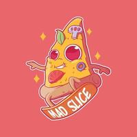 personnage de tranche de pizza chevauchant une illustration vectorielle de planche. livraison, nourriture, concept de design de marque. vecteur