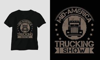 camionneur t-shirt design style vintage avec camion et drapeau vecteur