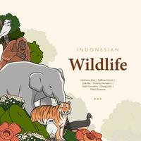 animaux et plantes indonésiens illustration vectorielle dessinés à la main. modèle de publication sur les médias sociaux du zoo vecteur