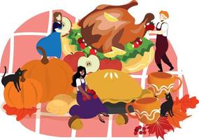 ensemble de personnages masculins et féminins heureux cuisinant une énorme dinde de thanksgiving pique-nique alimentaire automne automne traditionnel vecteur