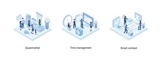 personnes faisant la queue au supermarché, concept de gestion du temps, modèle de bannière de contrat intelligent, illustration vectorielle isométrique définie vecteur